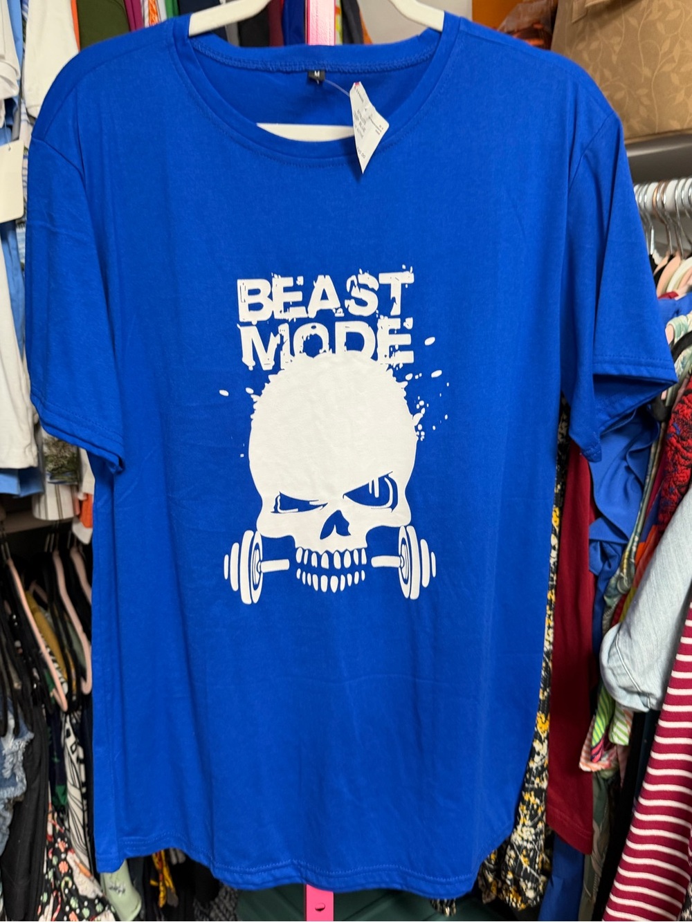 Beast Mode T-Shirt Men’s medium Athletic Workout Skull Weights gym black white